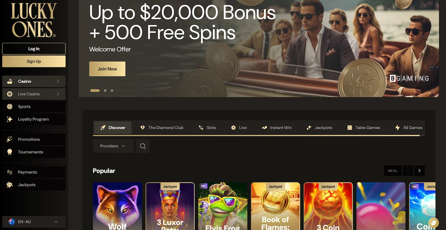 LuckyOnes casino homepage showing welcome offer, selection of popular online pokies and main site navigation